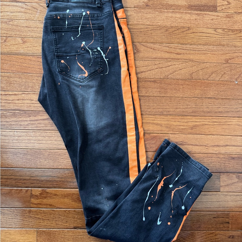 DNY Black and Orange Slim Straight Jeans with Artistic Flair